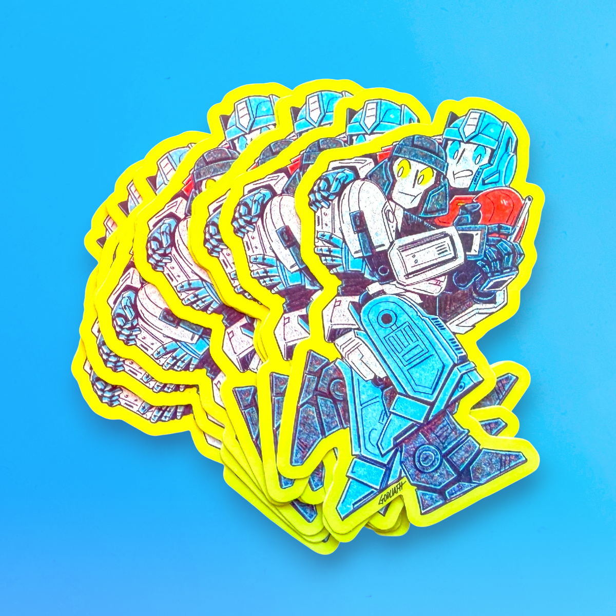 Godliath DPax In a Bind matte vinyl sticker featuring two robot characters in a blue and white color scheme