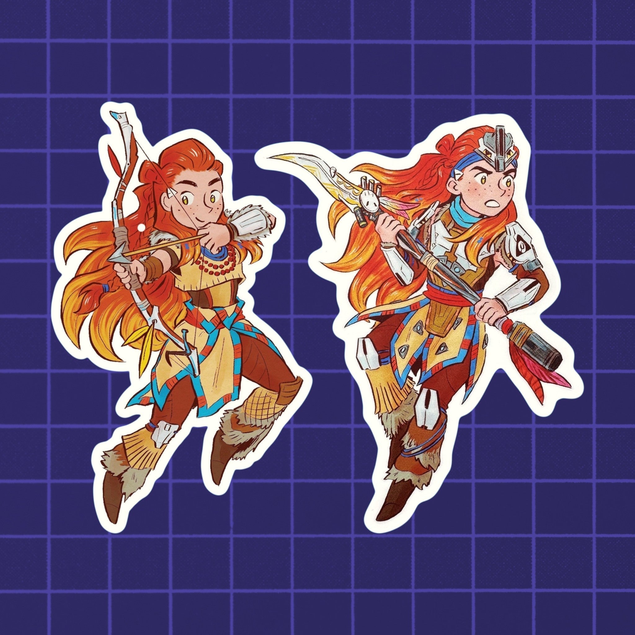 Godliath sticker set featuring Aloy from Horizon as an Outcast and Champion with vibrant character illustrations.