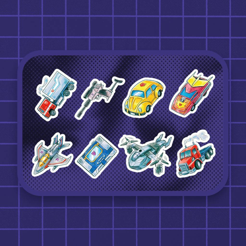 Godliath Alt Mode mini vinyl sticker pack featuring 8 illustrated transformer vehicle designs on a purple grid.
