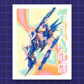 Godliath Arcee print featuring a stylized blue anime robot character against a vibrant retro gradient background.