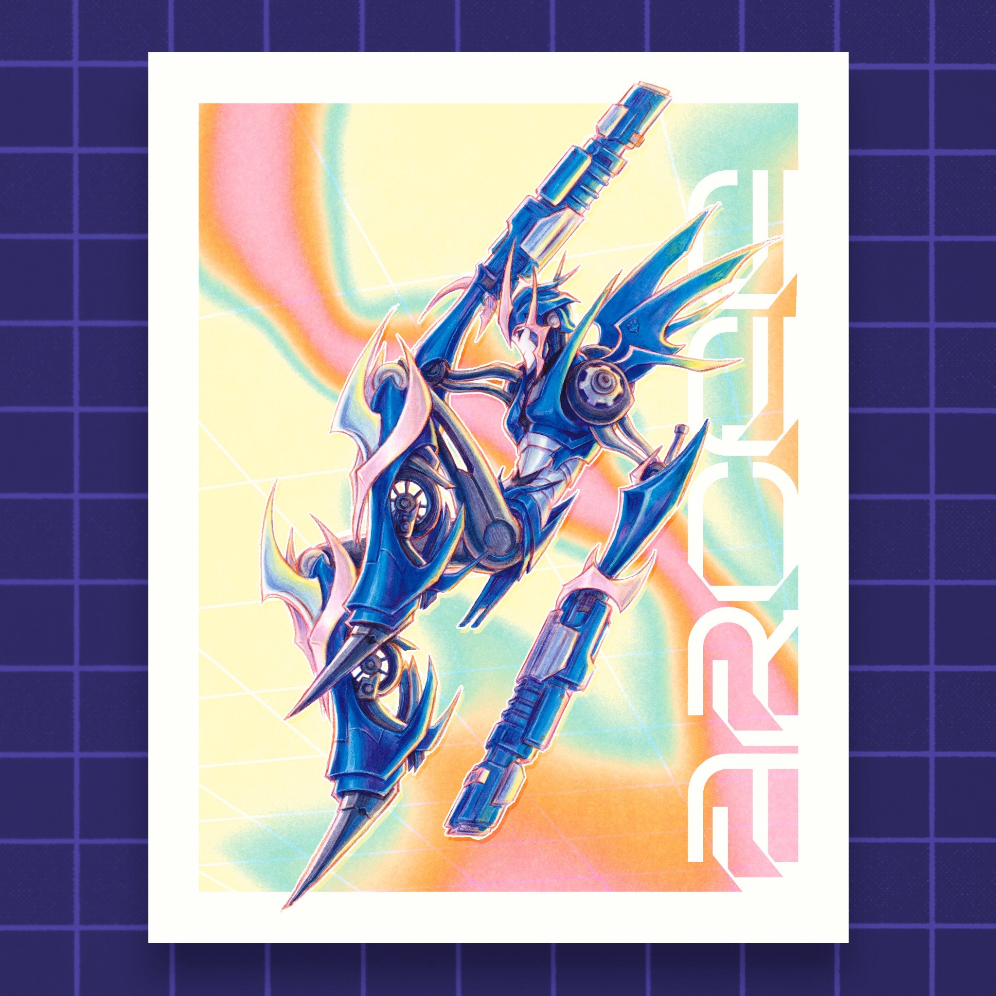 Godliath Arcee print featuring a stylized blue anime robot character against a vibrant retro gradient background.