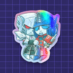 Godliath chibi robot friends holographic vinyl sticker featuring two iconic sci-fi rivals in a cute stylized design.