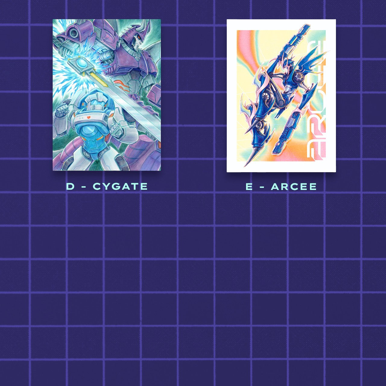 Godliath 5x7 matte photo prints featuring Cygate and Arcee robot character illustrations in vibrant colors
