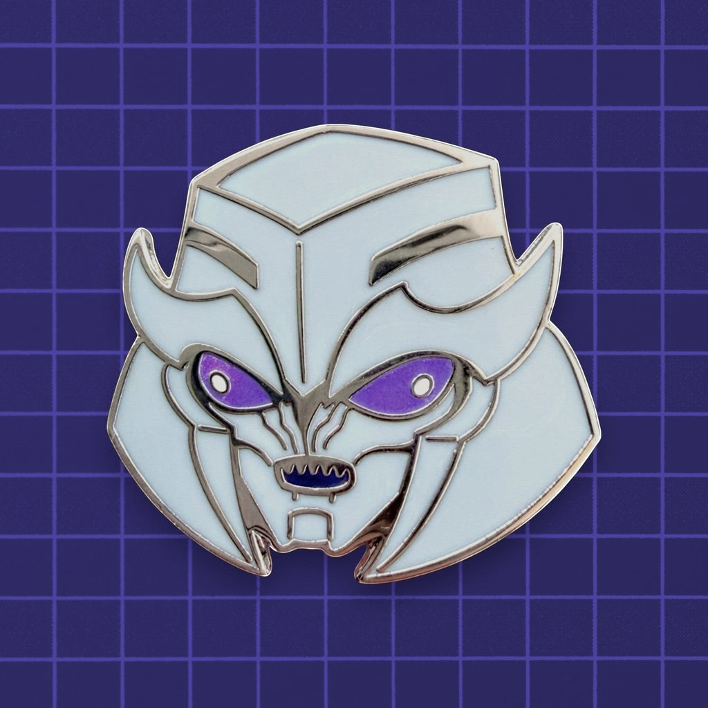 Godliath 1.25 inch hard enamel pin of TFP Dark Energon Megatron with silver metal and glow-in-the-dark purple optics.