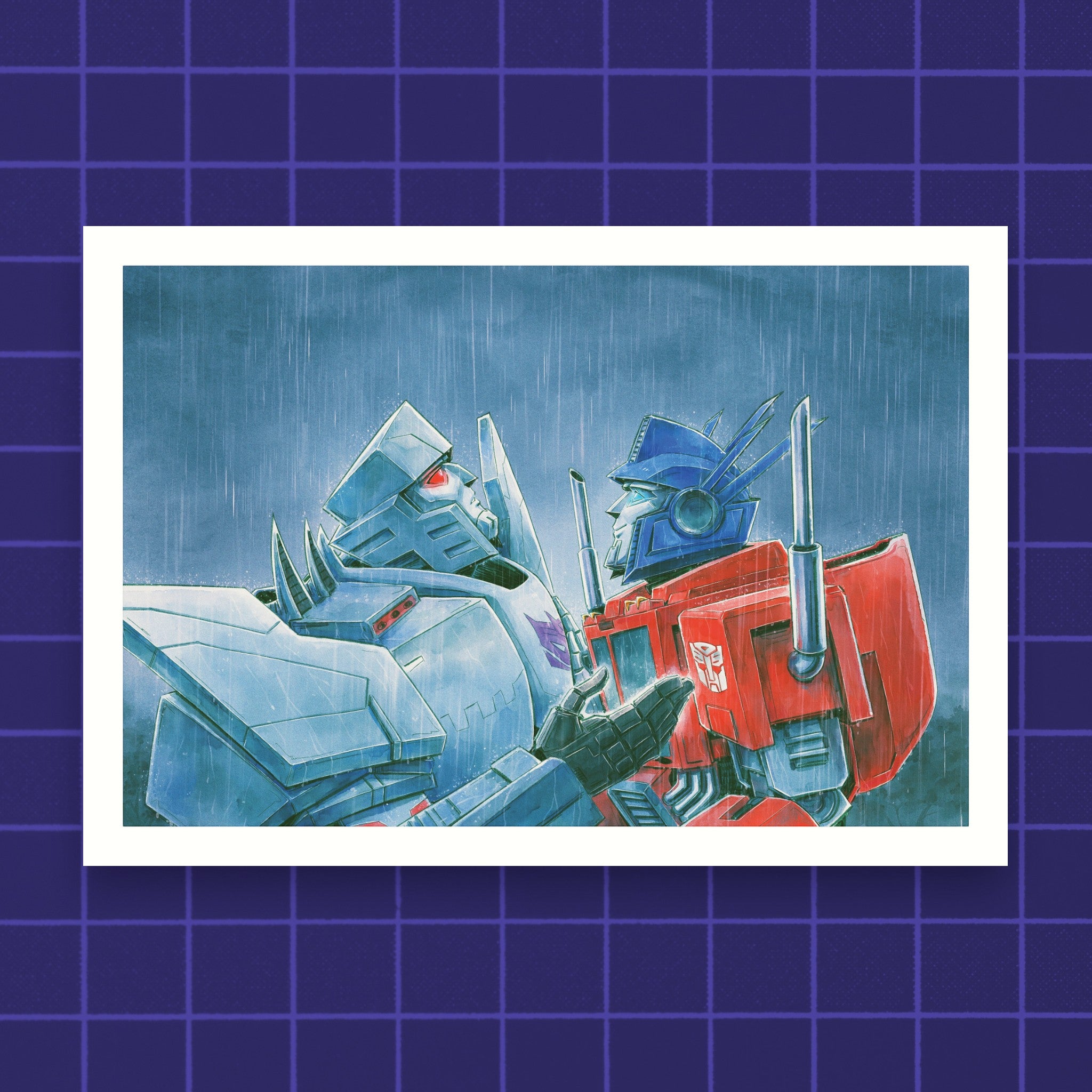 Godliath ES Rain Print featuring Megatron and Optimus Prime in a rainy scene on matte photo paper.