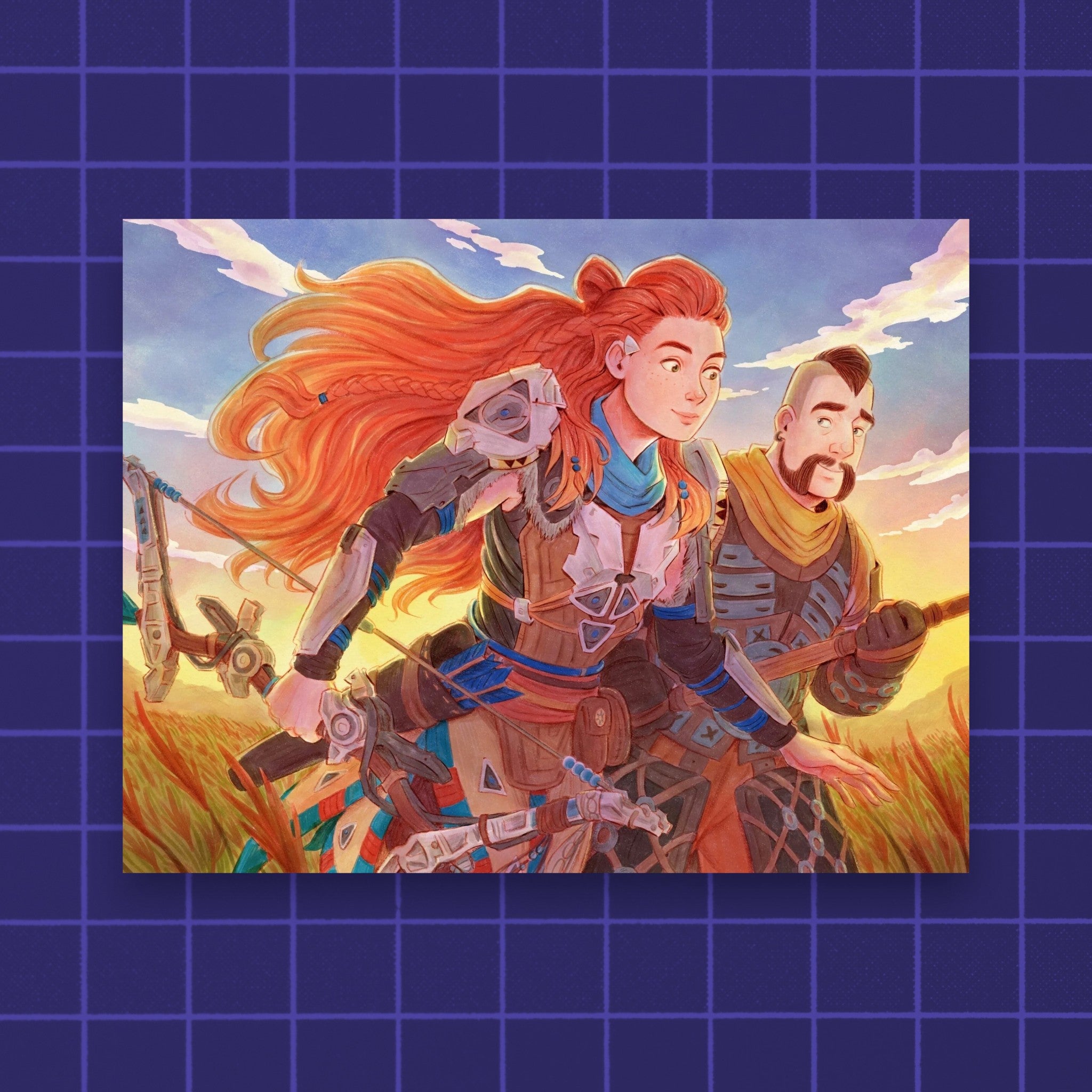 Godliath Horizon print featuring Aloy and Erend in a vibrant sunset landscape on matte paper