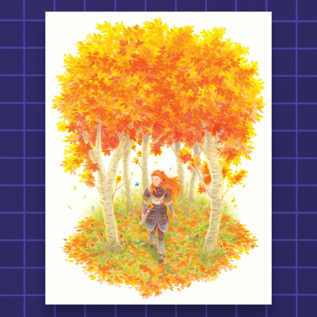 Godliath Horizon print featuring Aloy walking through a vibrant autumn forest on matte photo paper