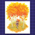 Godliath Horizon print featuring Aloy walking through a vibrant autumn forest on matte photo paper