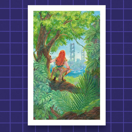 Godliath Horizon print on matte paper featuring a red-haired character in a lush jungle overlooking ruins.