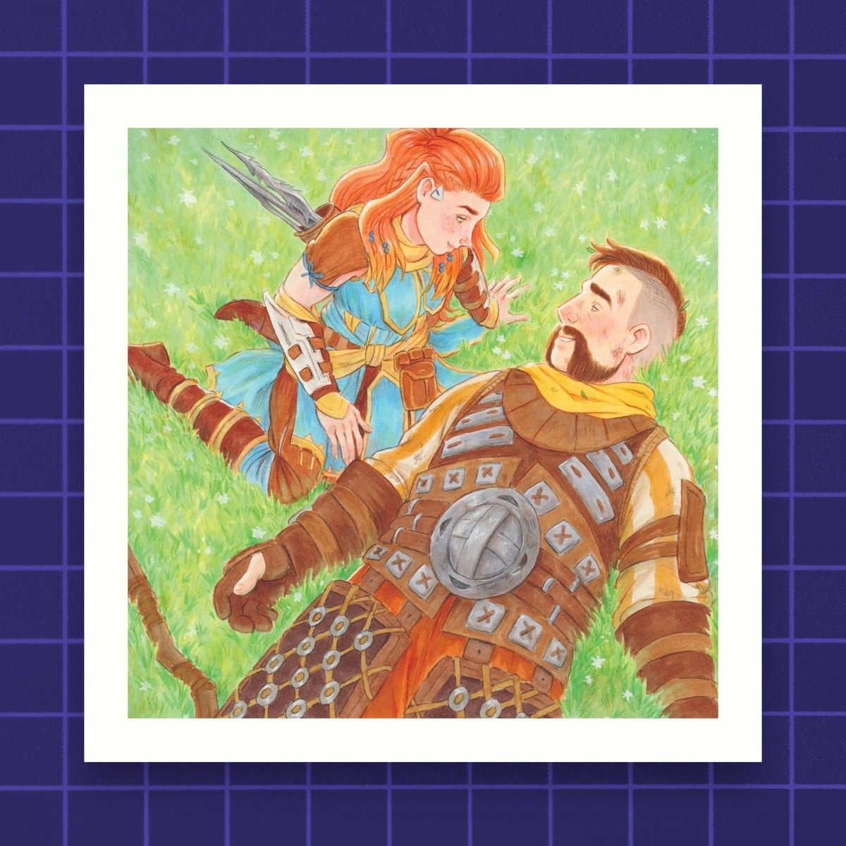 Godliath Horizon print featuring Aloy and Erend resting in a grassy field, printed on matte photo paper.