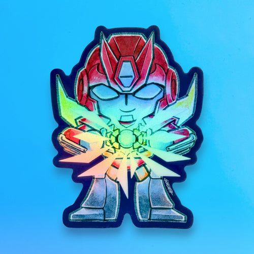 Godliath 40th anniversary Hot Rod holographic vinyl sticker featuring a stylized robot character on a blue background