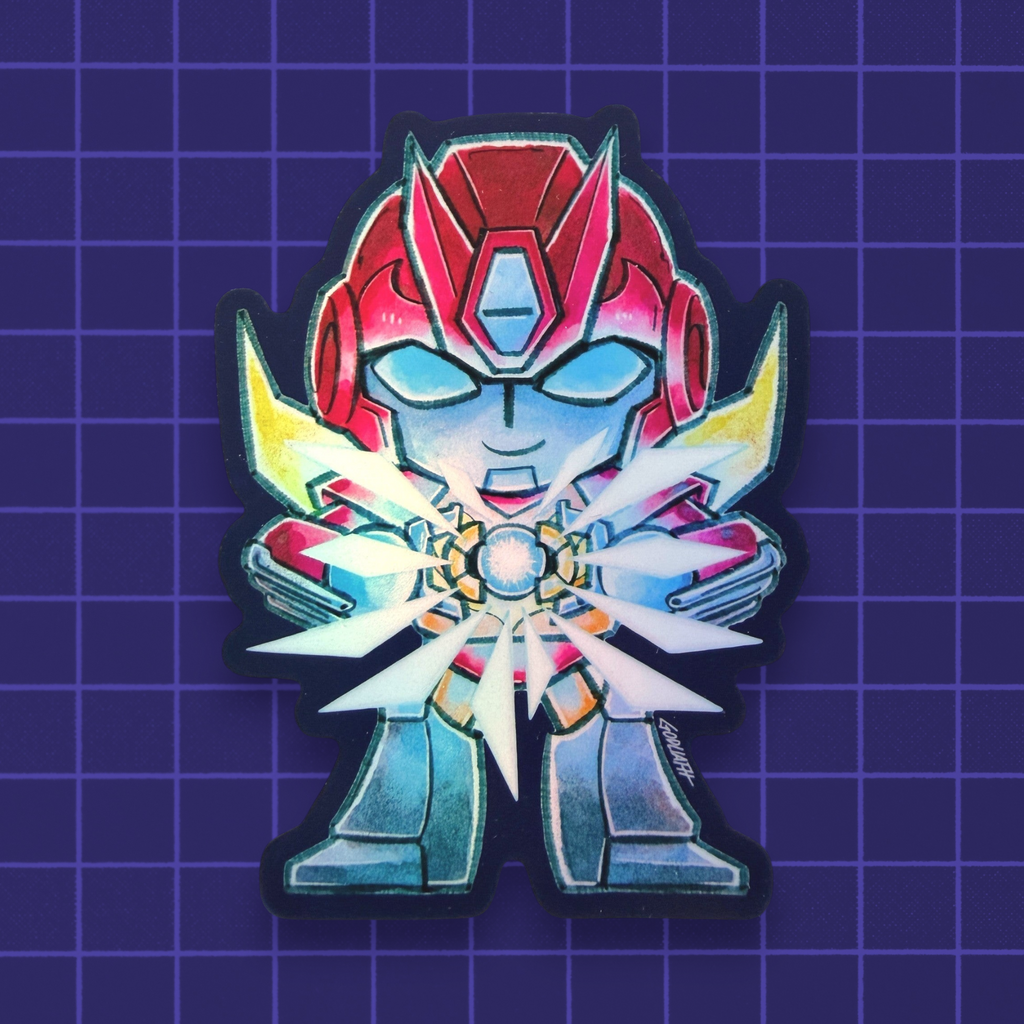 Godliath 40th Anniversary Hot Rod satin holo vinyl sticker featuring a stylized robot character holding the Matrix.