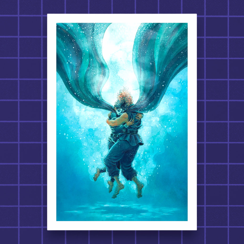 Godliath The Locked Tomb Drown print featuring an underwater embrace in vibrant blue tones on matte photo paper.