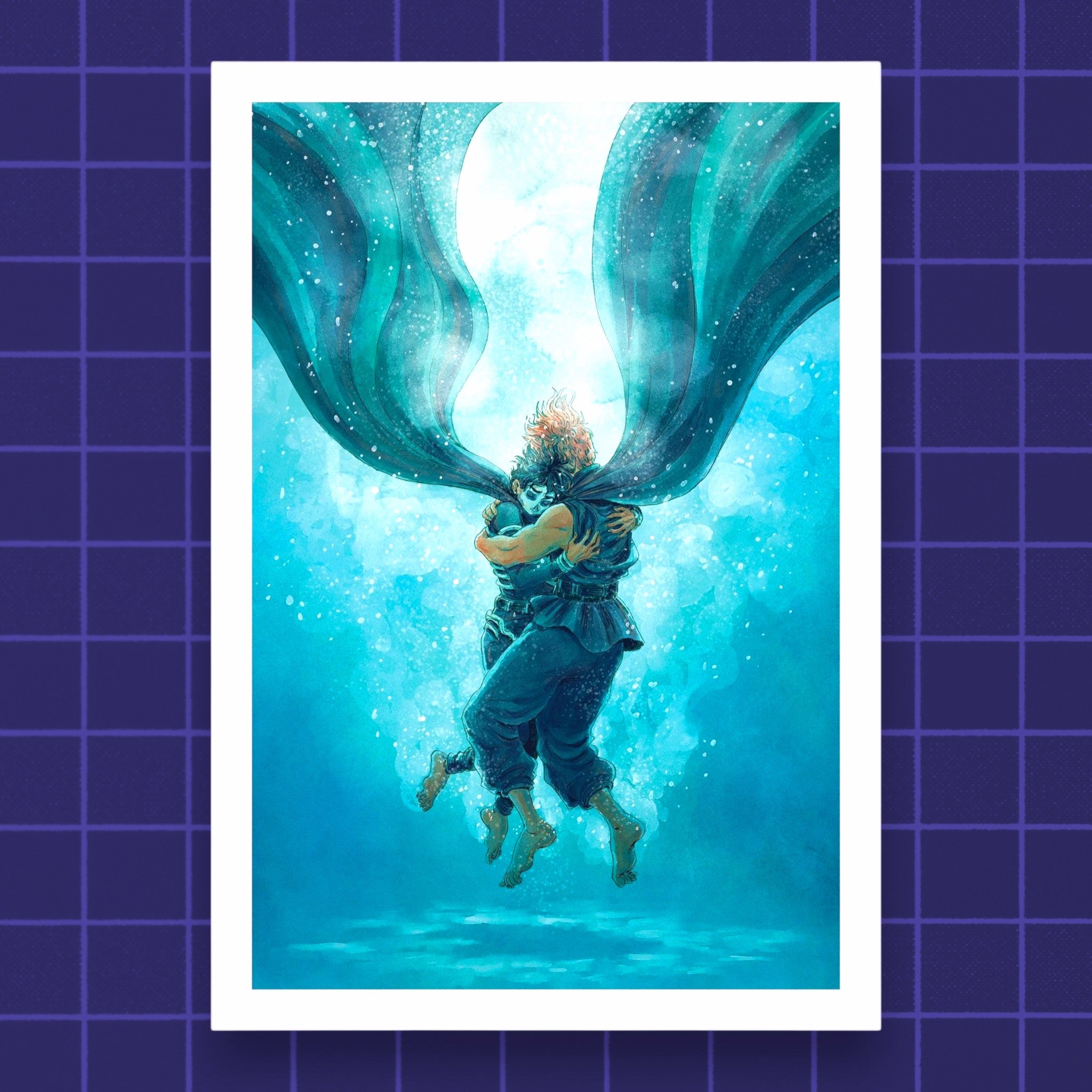Godliath The Locked Tomb Drown print featuring an underwater embrace in vibrant blue tones on matte photo paper.