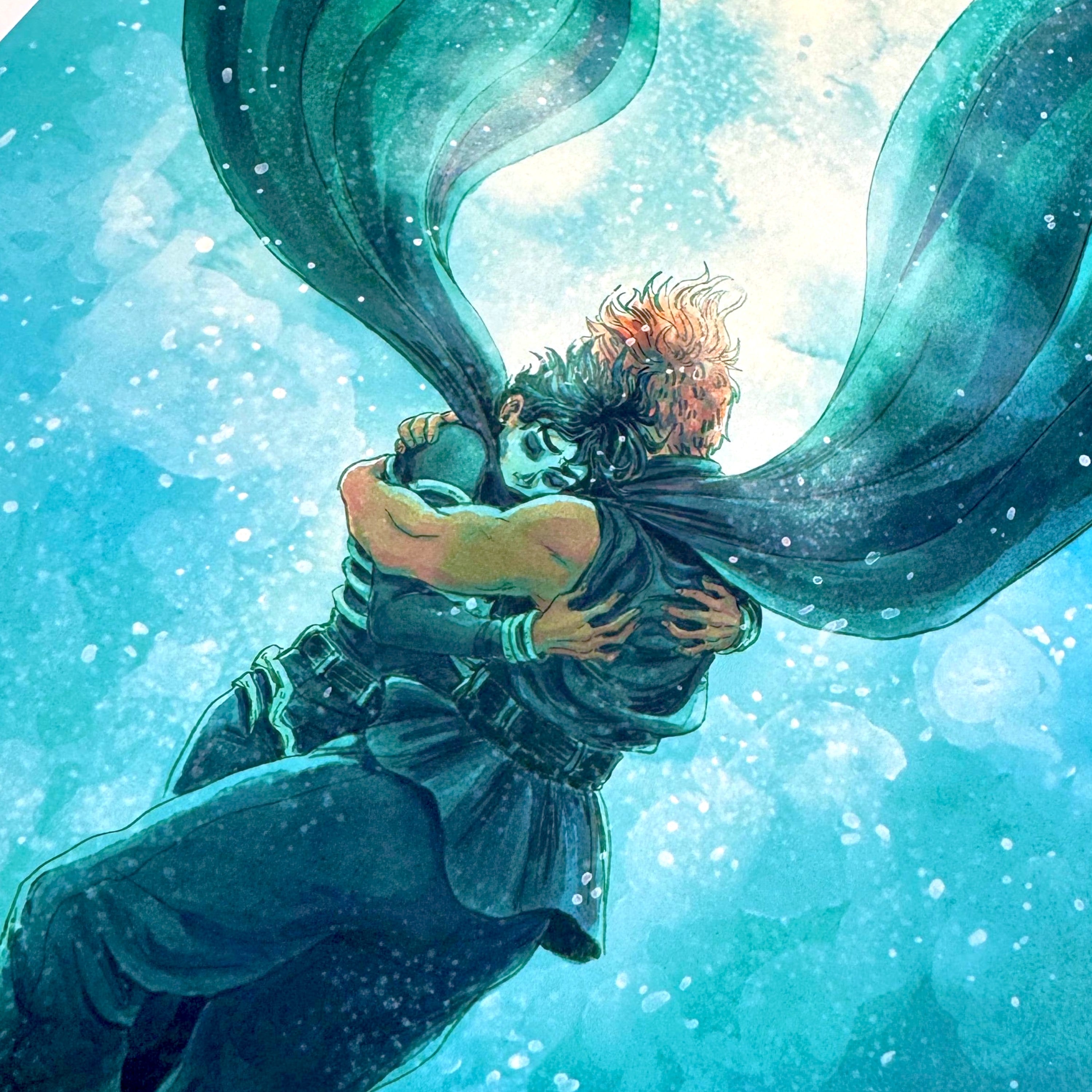 Godliath The Locked Tomb Drown print featuring a pool scene illustration of two characters embracing underwater.