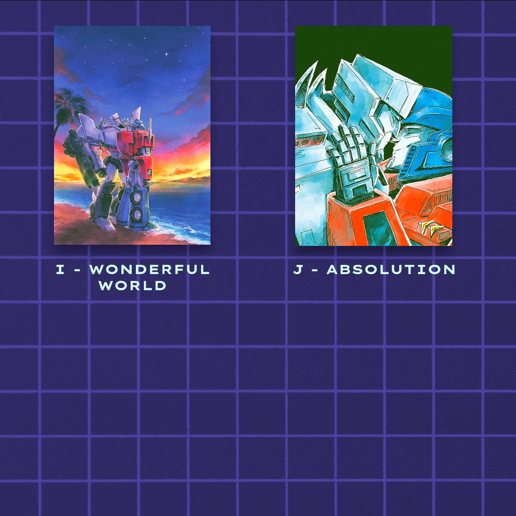 Godliath MegOp 5x7 matte photo prints featuring Wonderful World and Absolution artwork of Transformers characters.