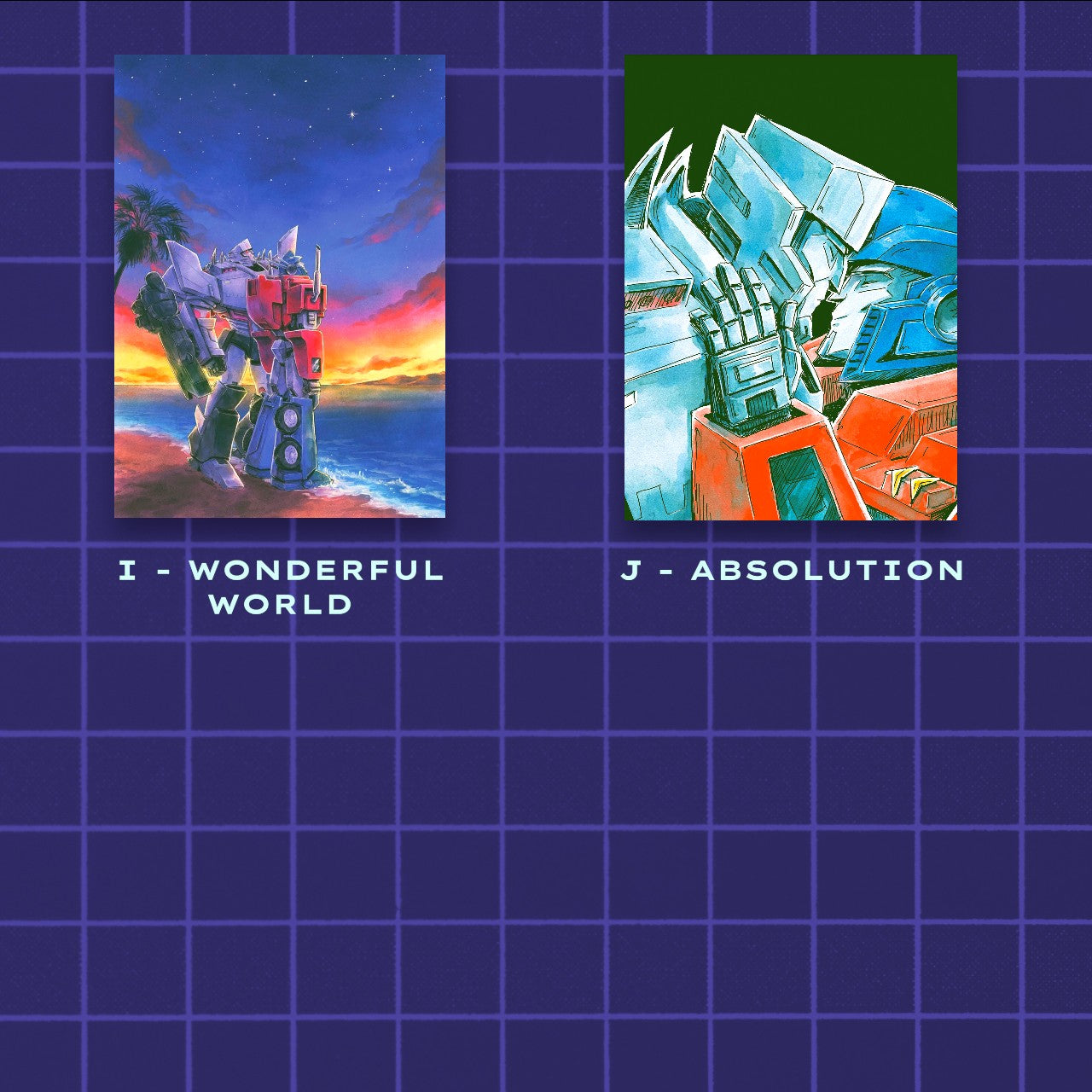 Godliath MegOp 5x7 matte photo prints featuring Wonderful World and Absolution artwork of Transformers characters.