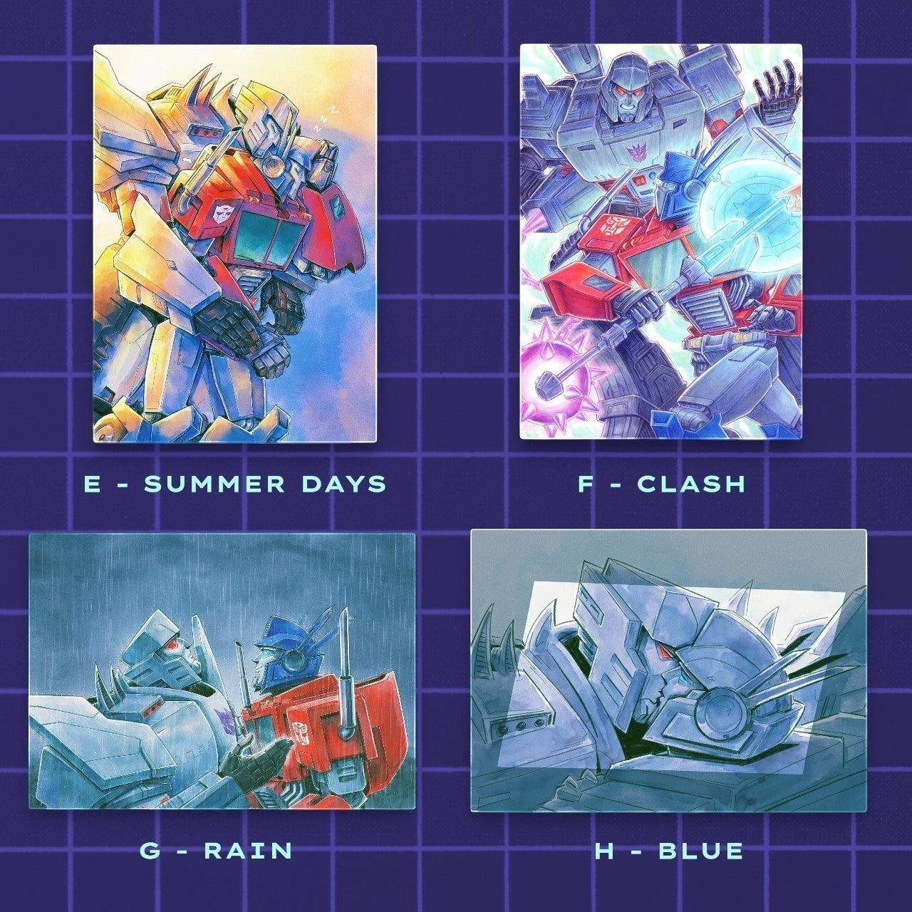 Godliath MegOp 5x7 matte photo paper prints featuring Optimus Prime and Megatron in various artistic scenes.