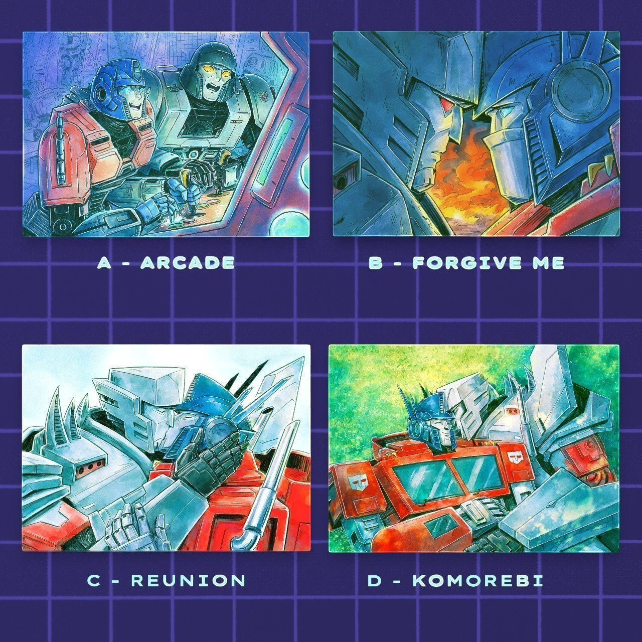 Godliath MegOp 5x7 matte photo paper prints featuring four different artistic scenes of Optimus Prime and Megatron.