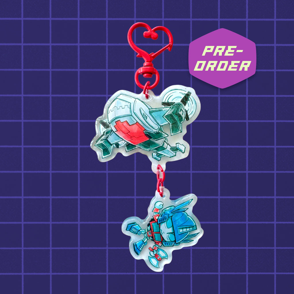 Godliath ES MegOp Airlift linked acrylic charm with red heart clasp, featuring Season 3 character art and epoxy layer.