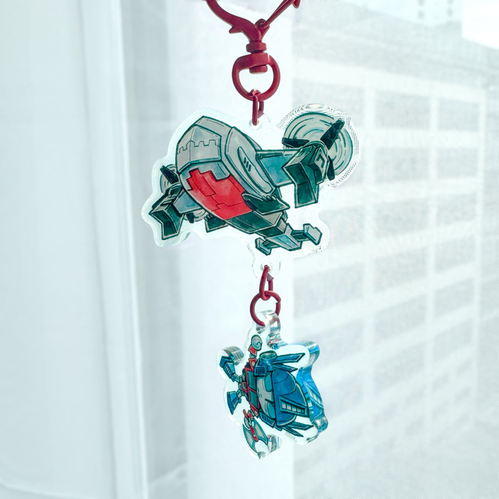 Godliath ES MegOp Airlift linked acrylic keychain with epoxy finish and red heart clasp featuring Season 3 art.