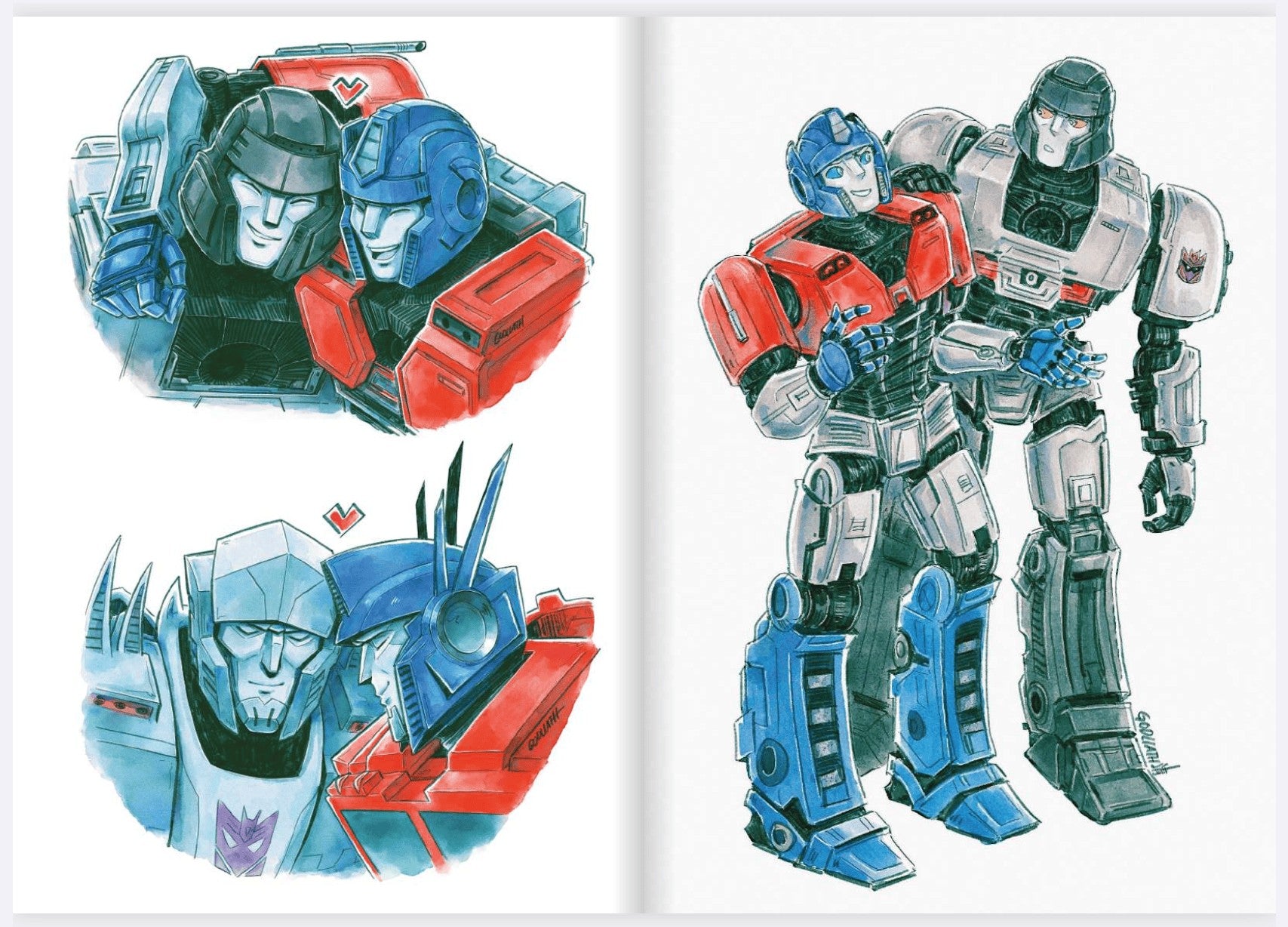 Godliath Peace & Love on Planet Earth MegOp artbook featuring colorful sketches of Optimus Prime and Megatron.