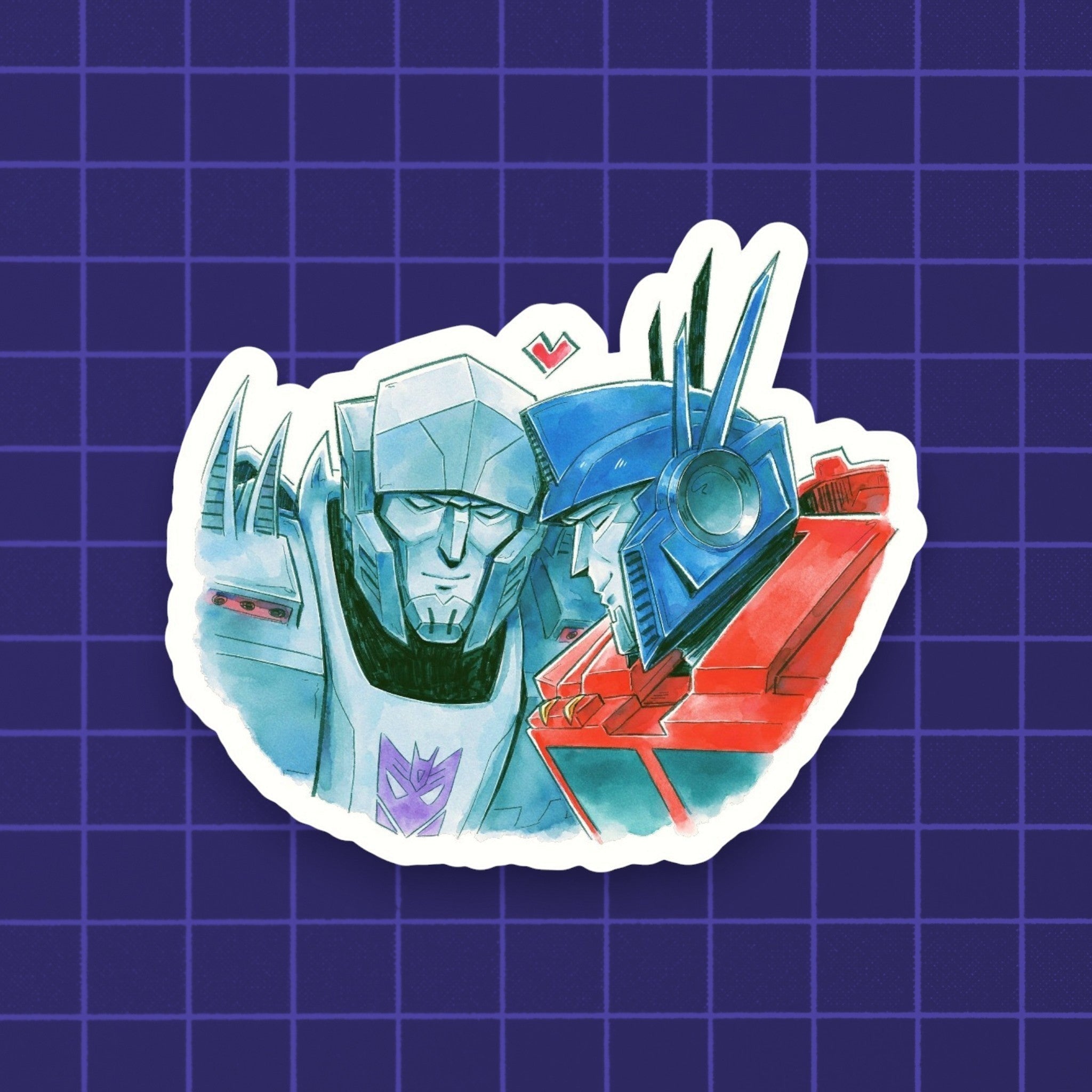Godliath 3-inch matte vinyl sticker featuring a watercolor illustration of Megatron and Optimus Prime holding hands.