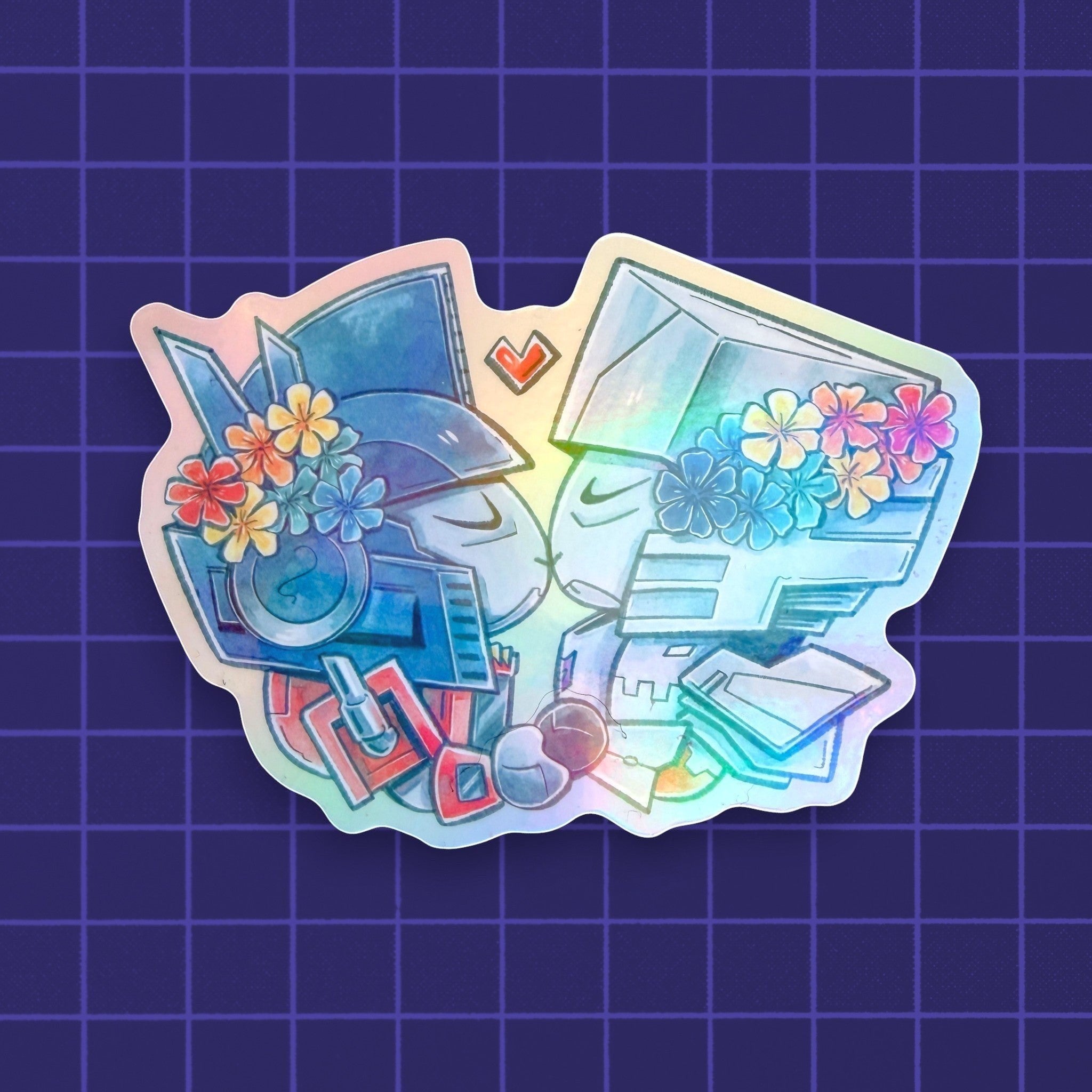 Godliath 3-inch holographic sticker featuring two robot characters embracing with colorful flowers on a grid background.
