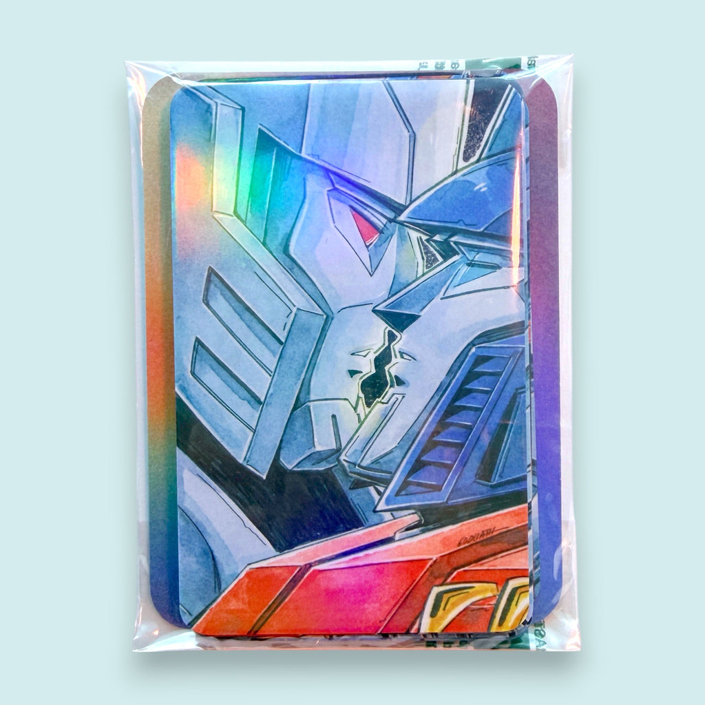 Godliath ES MegOp holo photocard featuring illustrated robot characters in a romantic pose with holographic lamination.