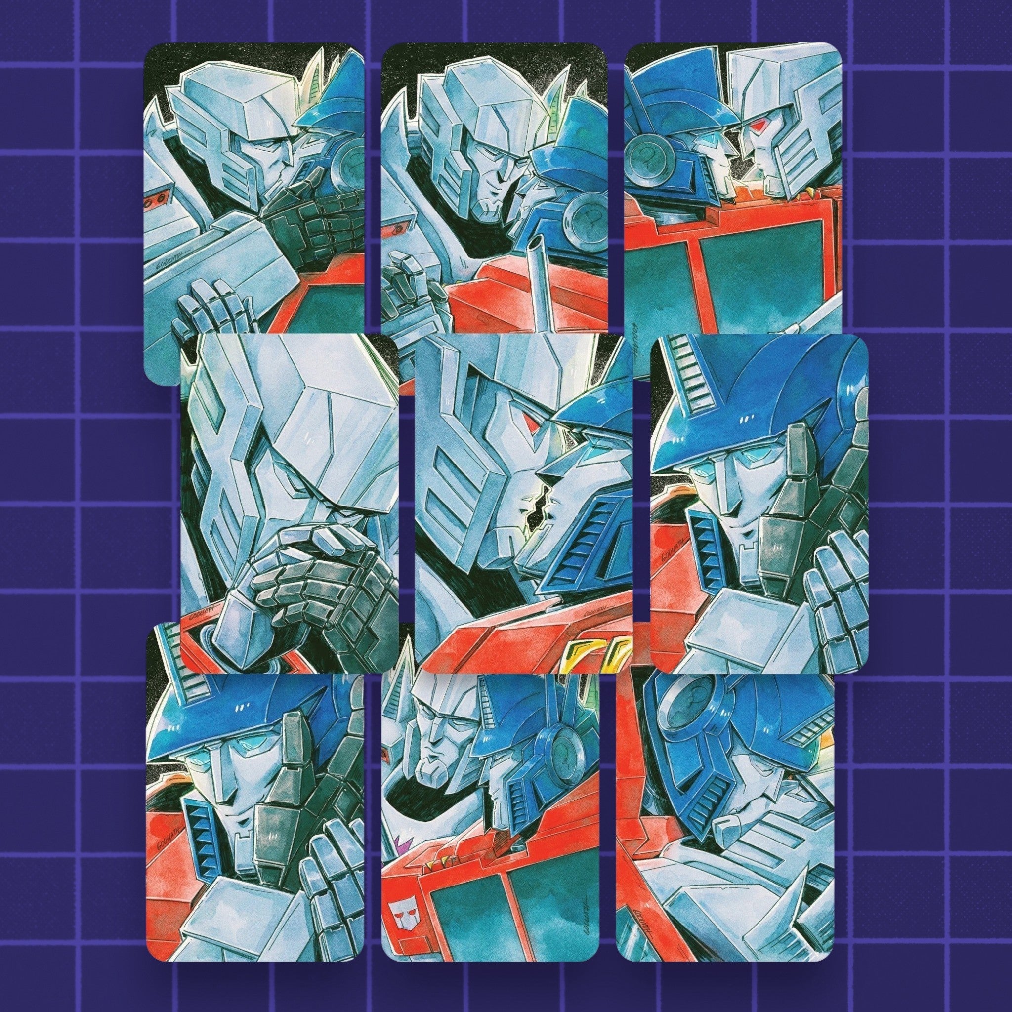 Godliath ES MegOp Holo Photocards featuring illustrated Transformers characters with holographic lamination.