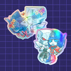 Godliath 3-inch ES MegOp die cut stickers featuring chibi robot characters with rainbow holographic finish.