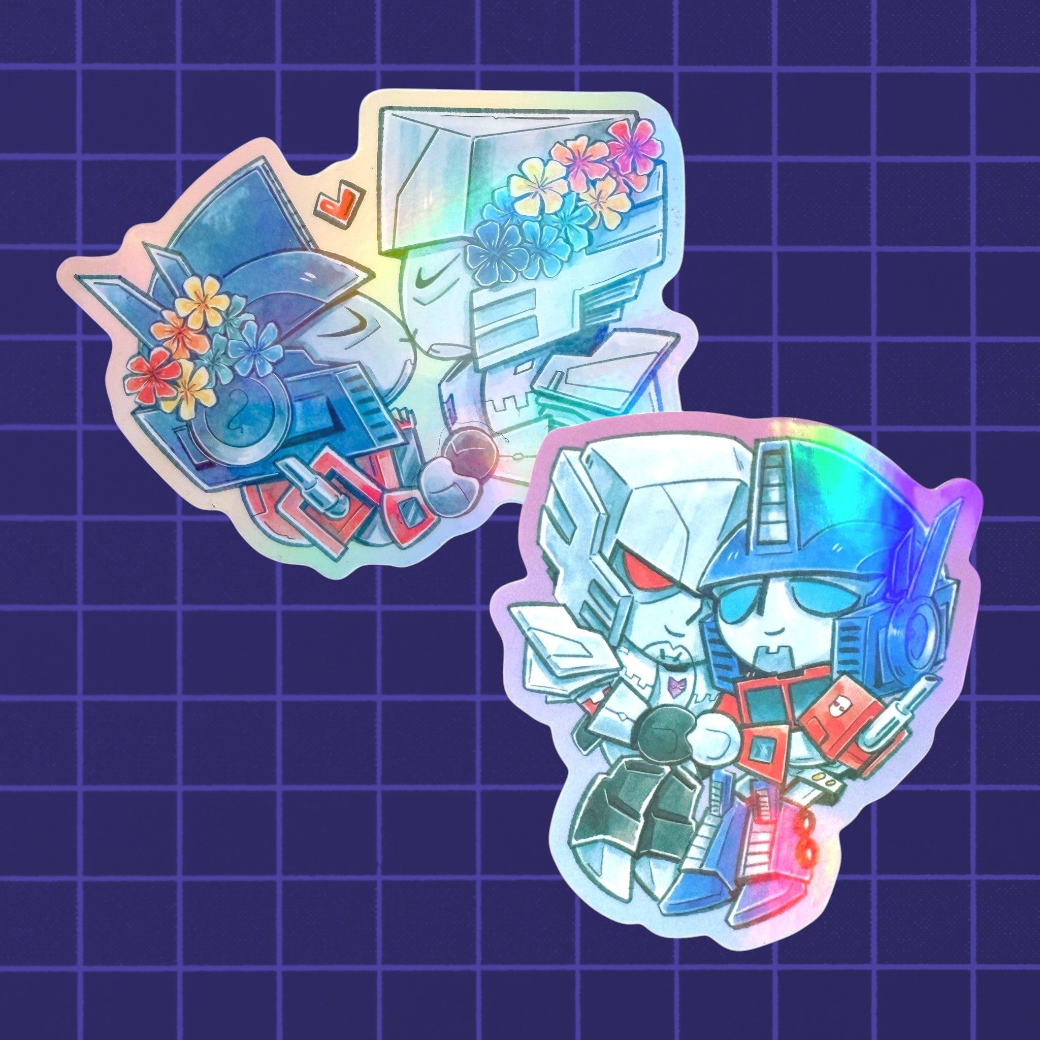 Godliath 3-inch ES MegOp die cut stickers featuring chibi robot characters with rainbow holographic finish.