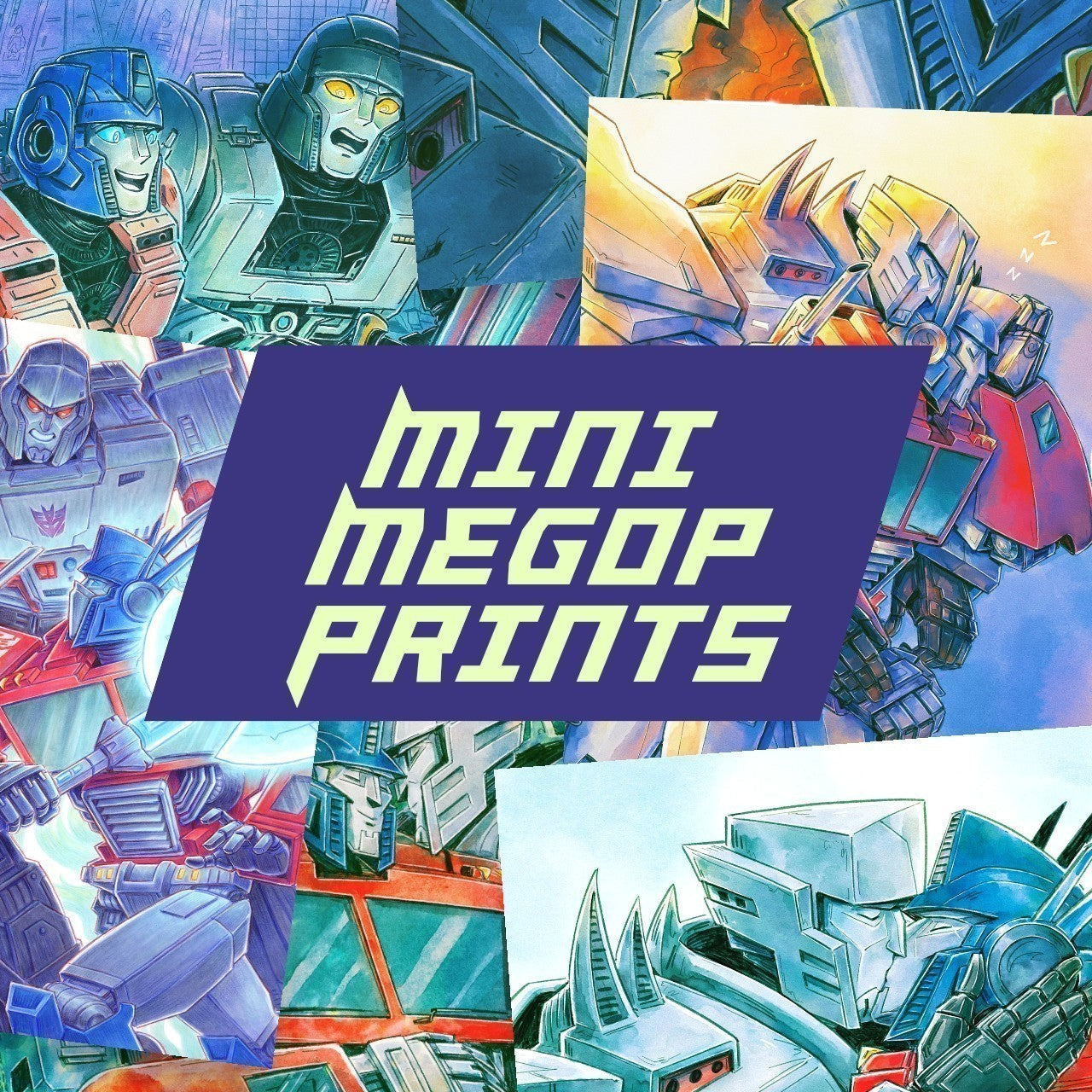 Godliath 5x7 inch matte photo paper prints featuring colorful MegOp robot character illustrations