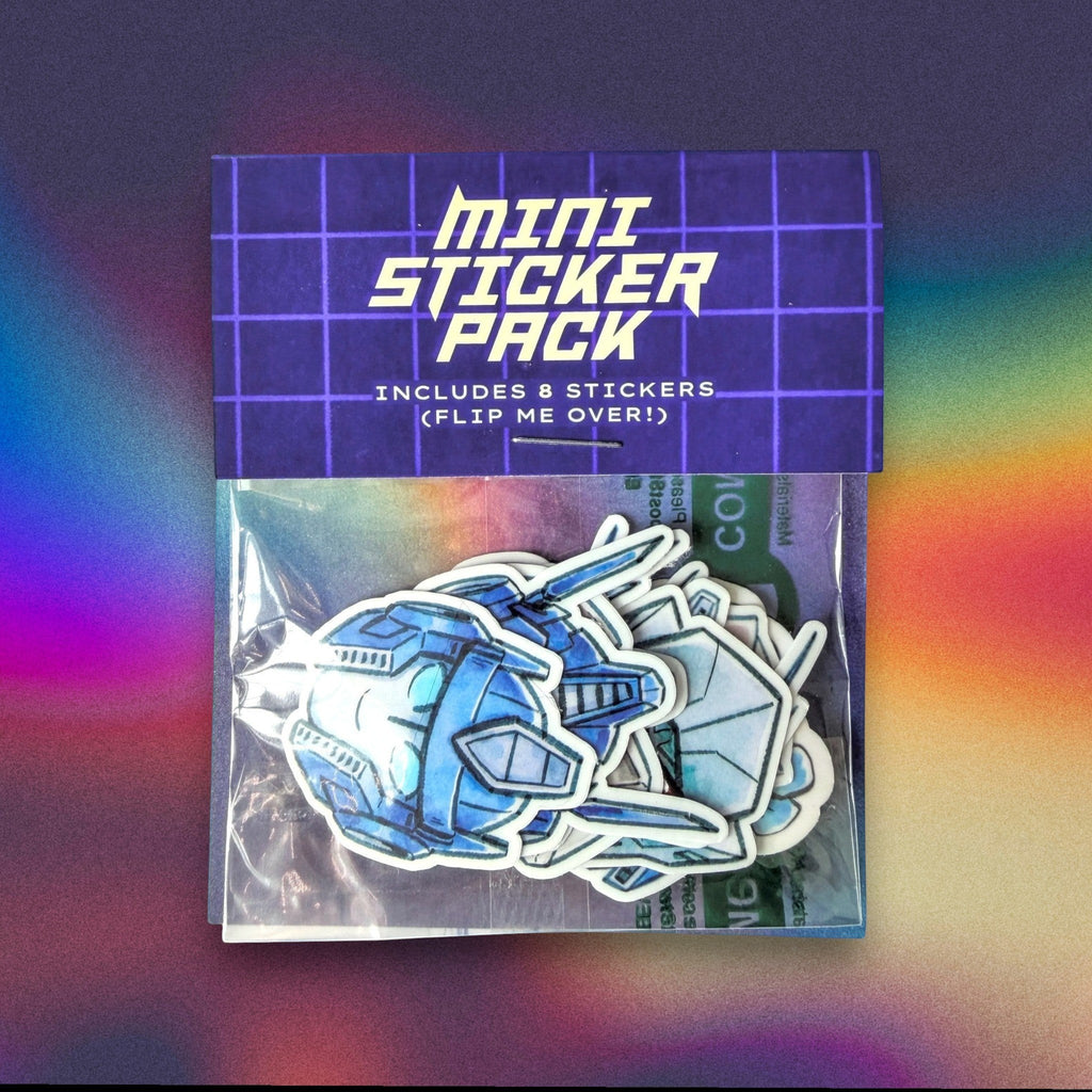 Godliath MegOp mini sticker pack featuring 8 vinyl character stickers in a compostable bag with retro grid header