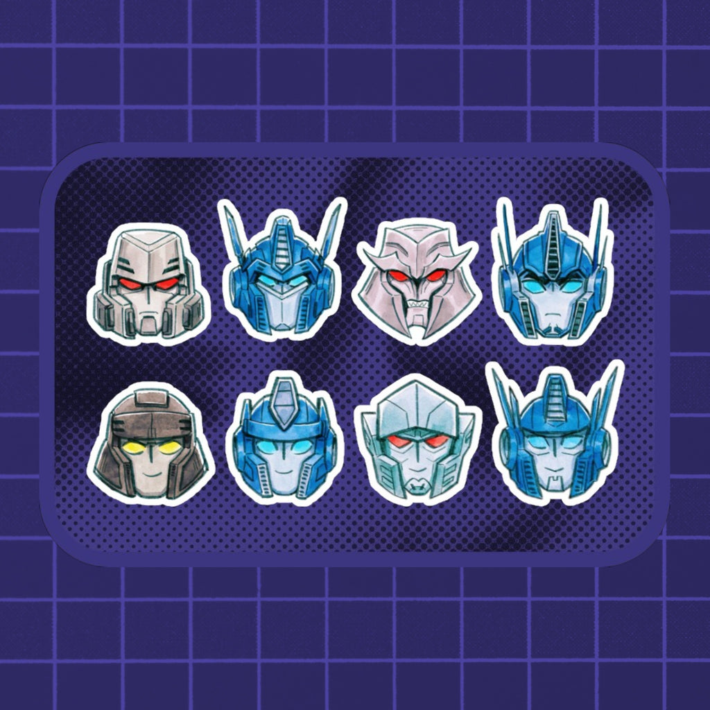 Godliath MegOp mini vinyl sticker pack featuring 8 illustrated Optimus Prime and Megatron heads from Transformers.