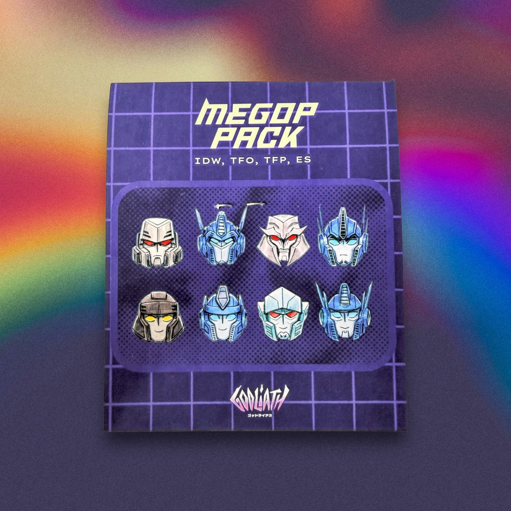 Godliath MegOp mini vinyl sticker pack featuring eight Transformers character heads from various continuities.