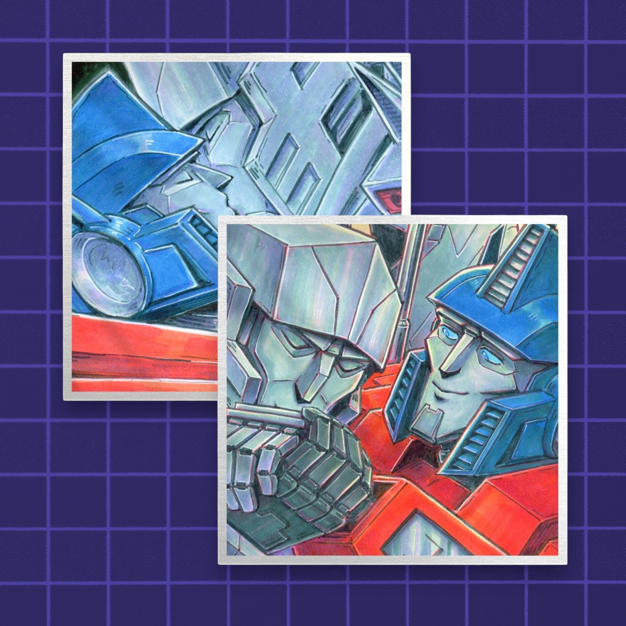 Godliath ES MegOp Shikishi bundle featuring hand-drawn style illustrations of Optimus Prime and Megatron