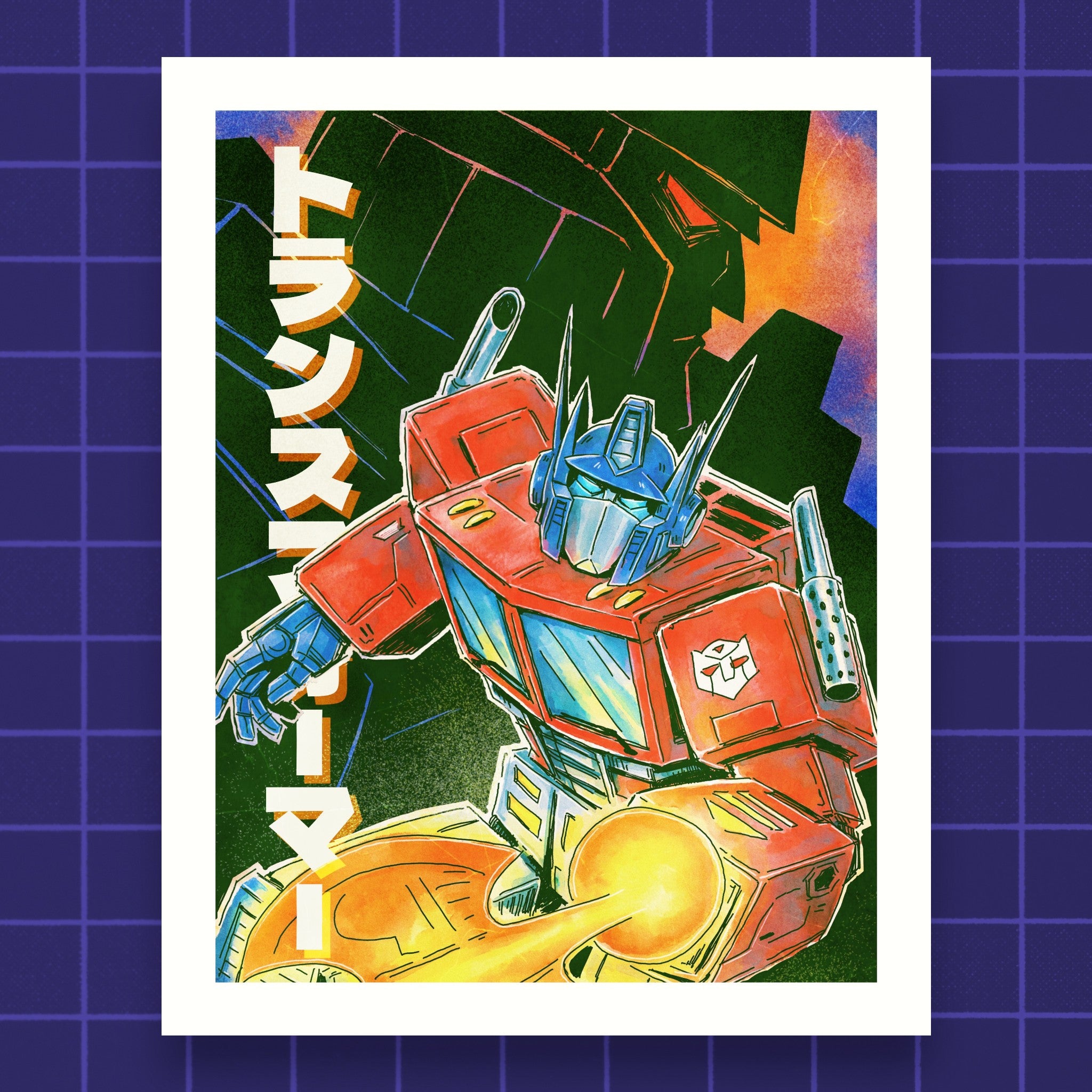 Godliath Nemesis Print featuring Optimus Prime in a retro anime style with Japanese text and a vibrant color palette.