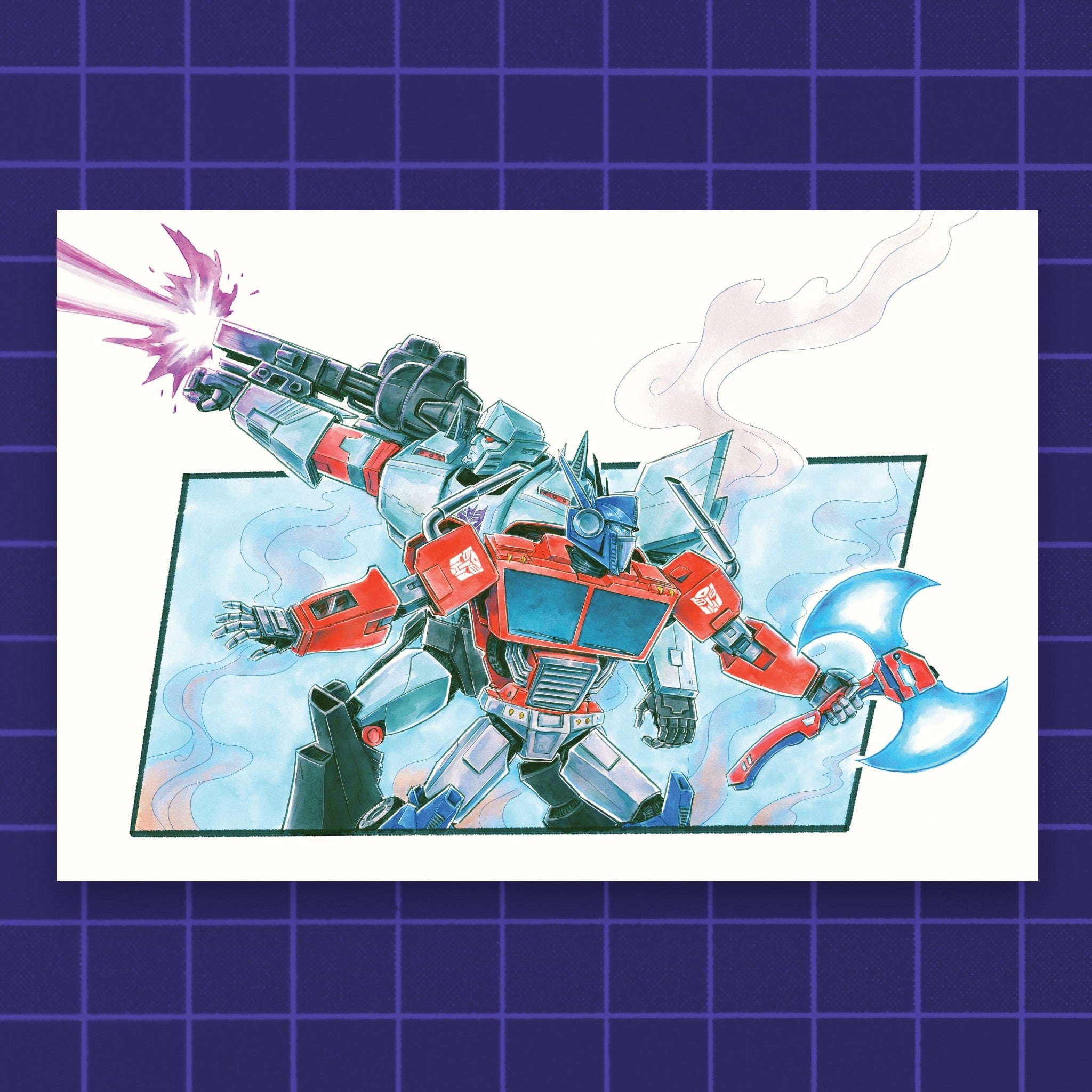 Godliath ES War for Earth semi-gloss print featuring Optimus Prime and Megatron in a battle scene.