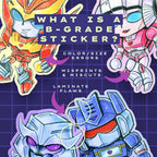 Godliath mystery grab bag featuring assorted die-cut TF character stickers with minor print and laminate flaws.