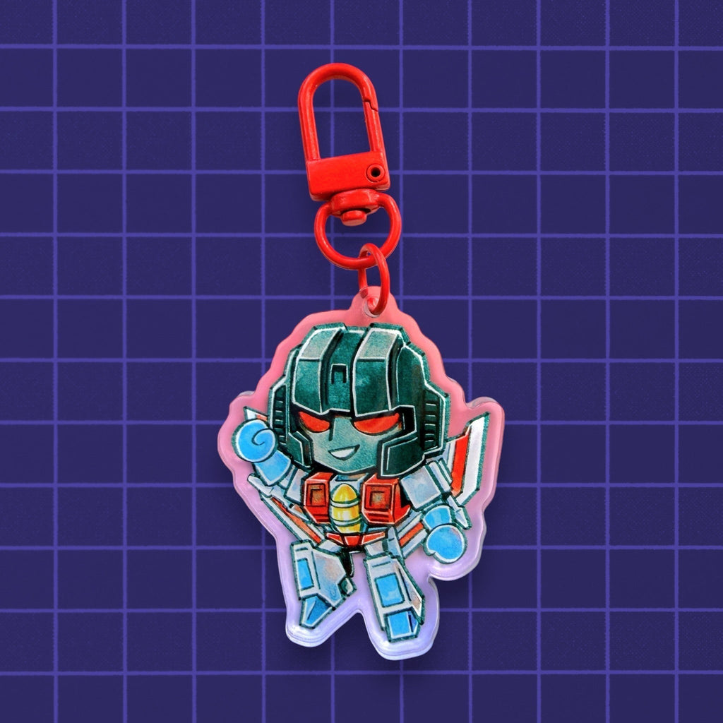 Godliath Tinybots G1 keychain featuring a chibi robot character with a translucent gradient acrylic charm and red clasp