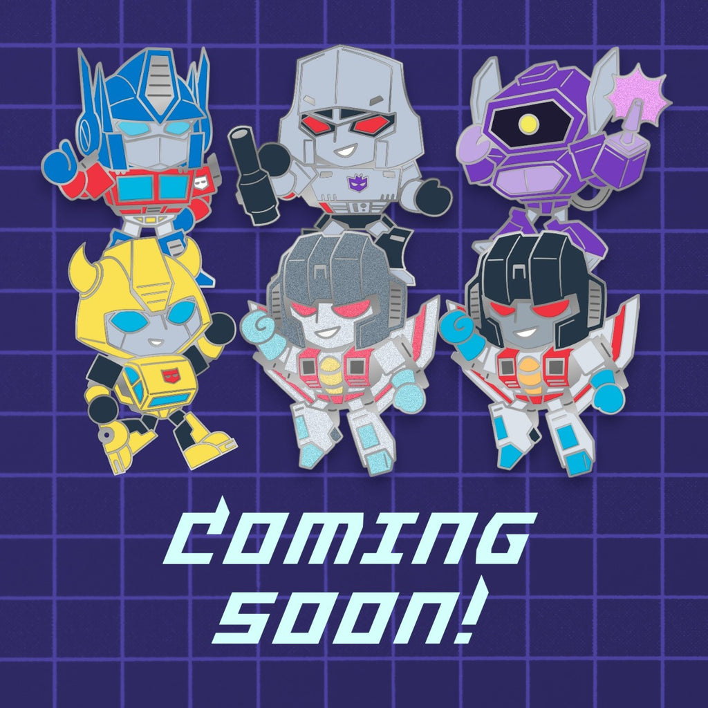 Godliath Tinybots G1 enamel pins featuring six colorful chibi-style robot characters on a purple grid background.