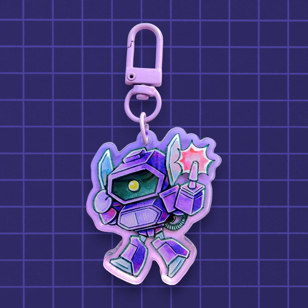 Godliath Tinybots G1 purple translucent acrylic robot keychain with a gradient effect and metal clasp