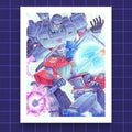 Godliath art print featuring Optimus Prime and Megatron in a dynamic battle with vibrant blue and red colors.