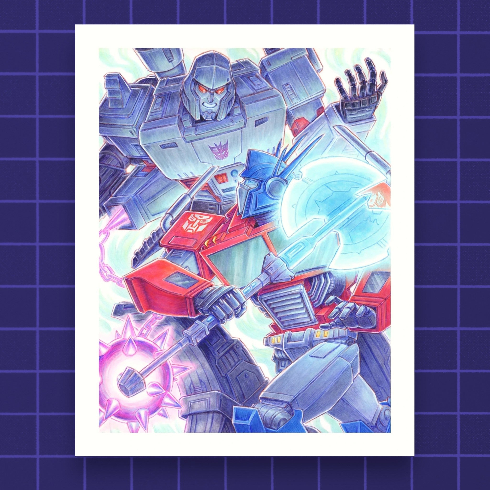 Godliath art print featuring Optimus Prime and Megatron in a dynamic battle with vibrant blue and red colors.