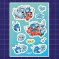 Godliath sticker sheet featuring chibi Transformers Optimus Prime and Megatron in cute, romantic artistic poses.