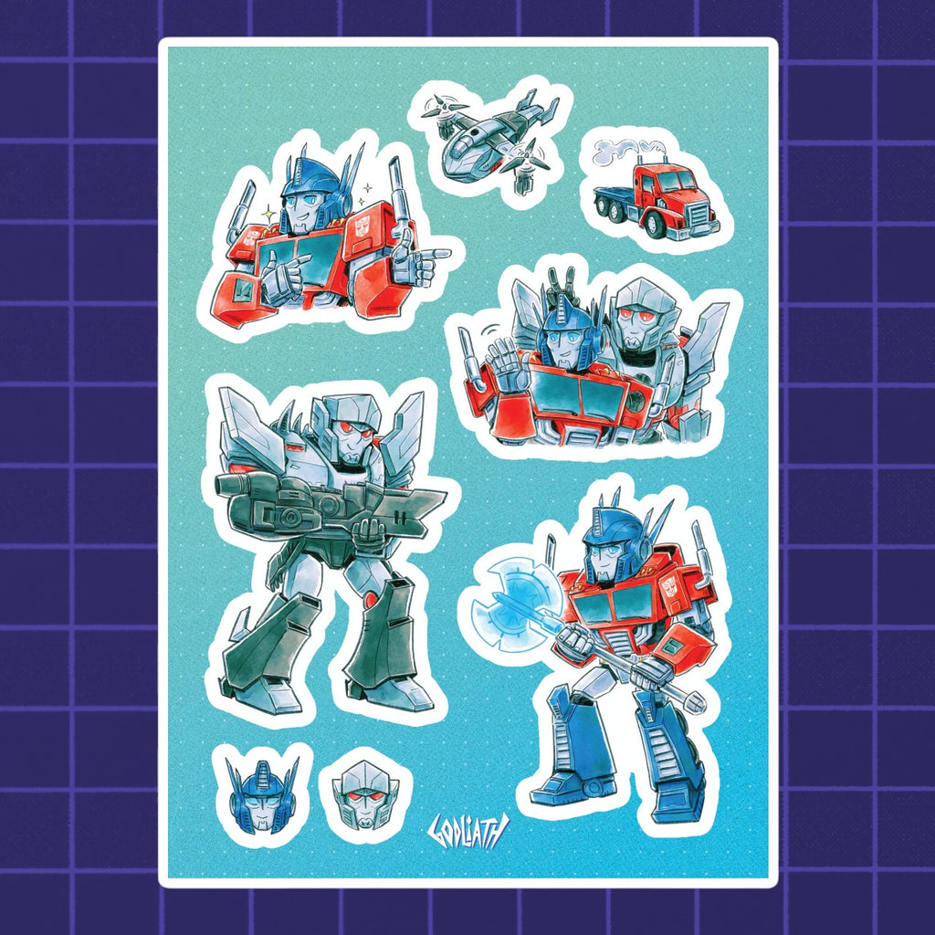 Godliath chibi Transformers sticker sheet featuring Optimus Prime and Megatron in vibrant blue and red art style.