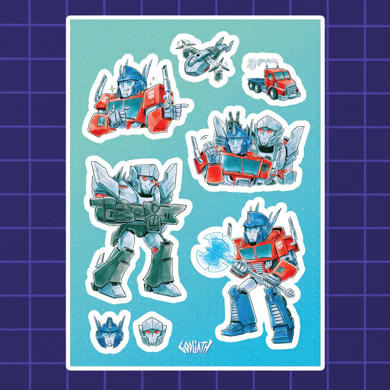 Godliath chibi Transformers sticker sheet featuring Optimus Prime and Megatron in vibrant blue and red art style.