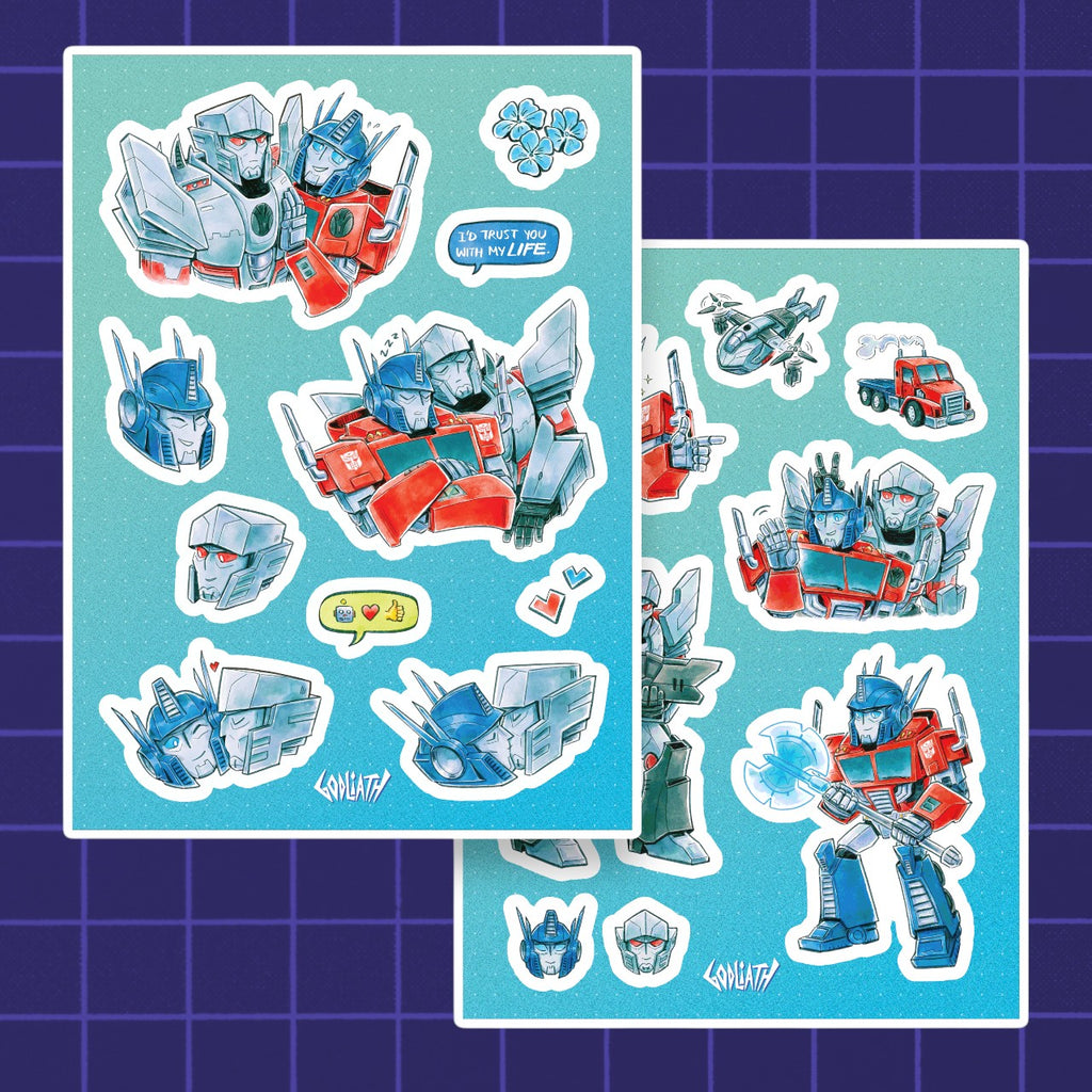 Godliath chibi Transformers sticker sheets featuring Optimus Prime and Megatron in cute, stylized blue and red art.