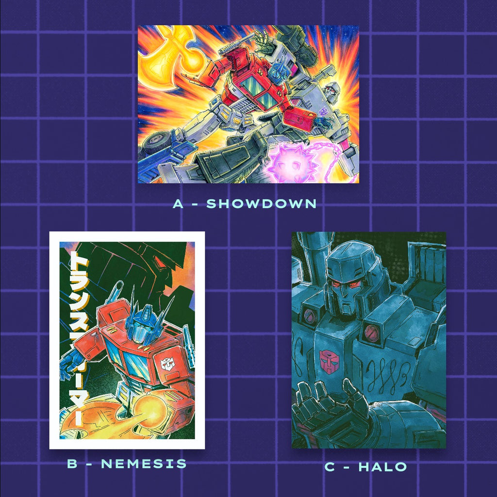 Godliath 5x7 inch matte photo prints featuring Transformers artwork including Optimus Prime and Megatron battle scenes.
